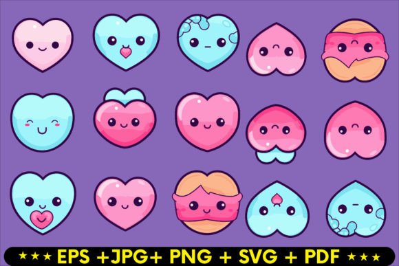 Kawaii Love Heart Icon Set Vector Graphics for Crafts